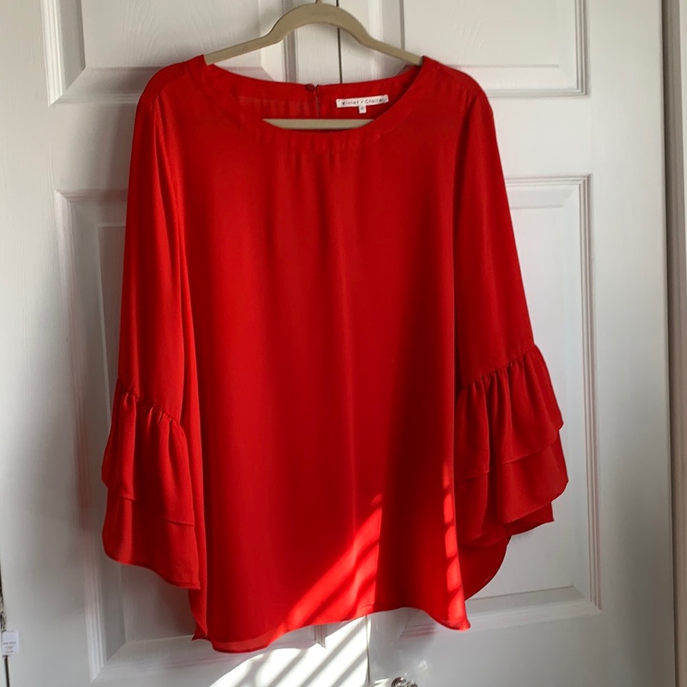 Bright Red Ruffle Sleeve Blouse